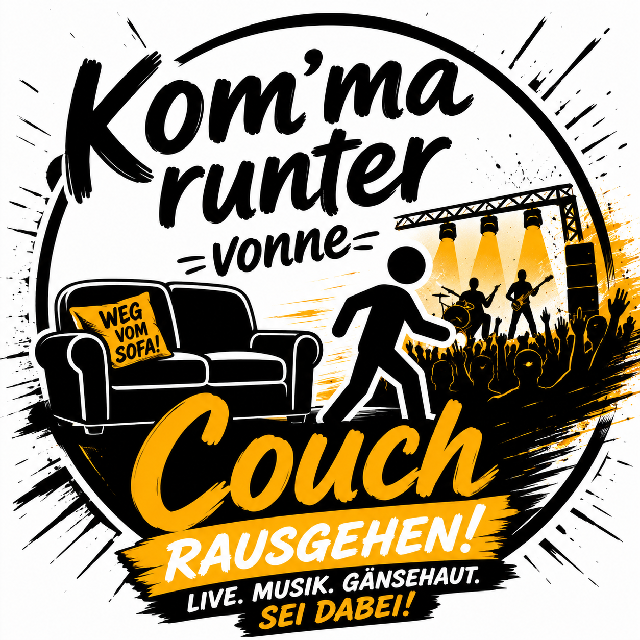 Runter vonne Couch – Kampagnenmotiv mit Sofa und Konzert